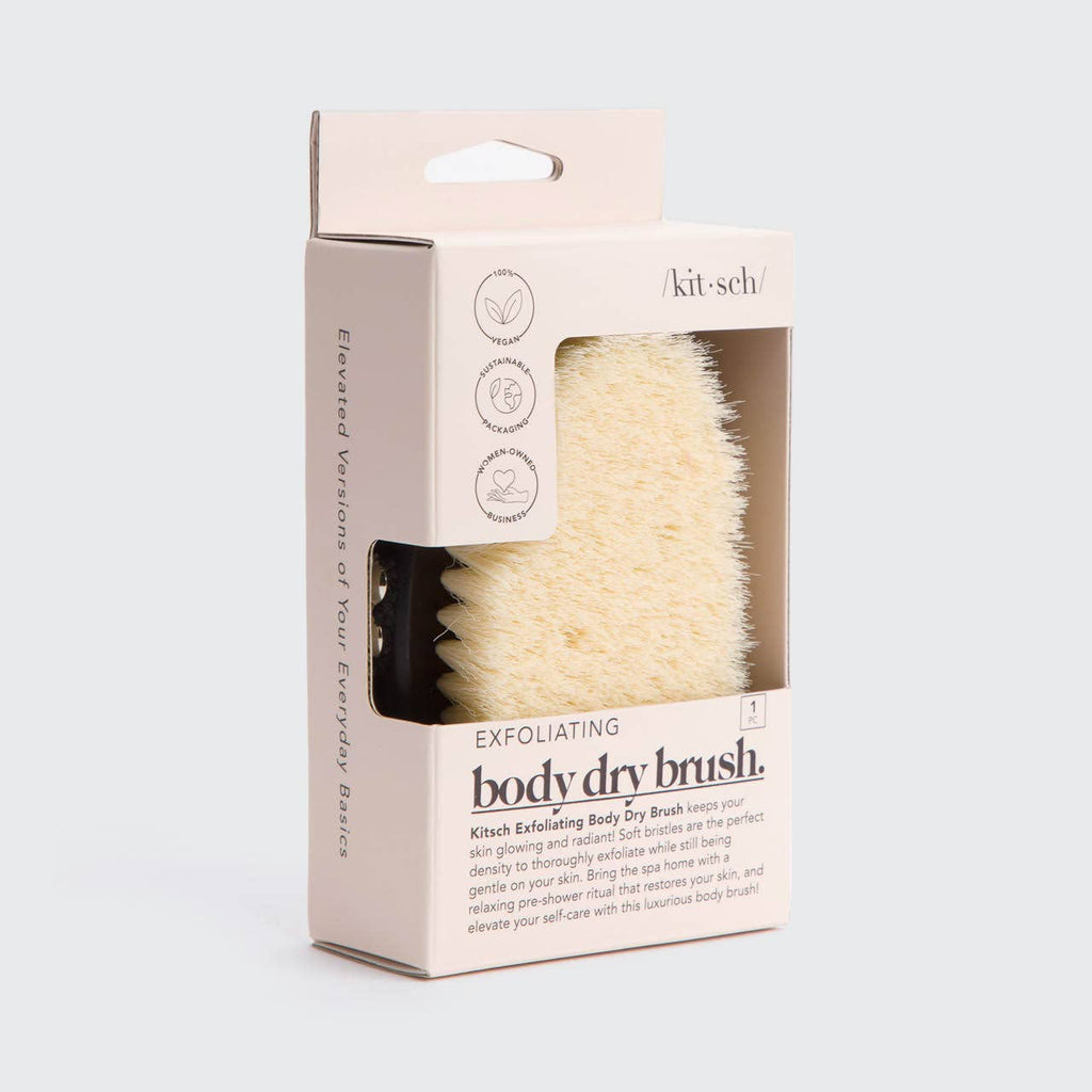 KITSCH exfoliating body dry brush with wooden handle and natural bristles for gentle skin exfoliation and revitalization.