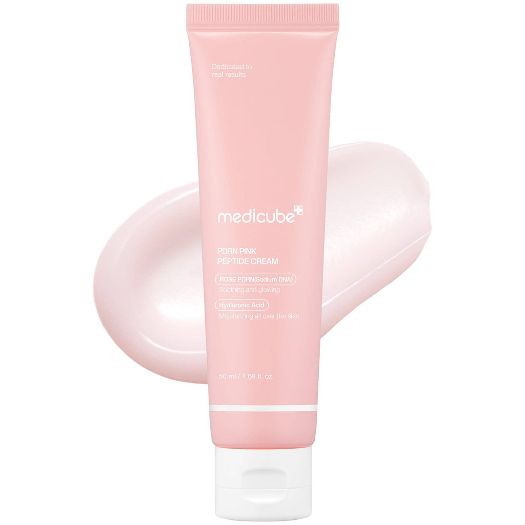 Medicube PDRN Pink Peptide Cream in a 50ml jar, showing the pink-colored cream inside and the product packaging.