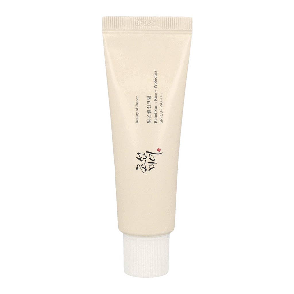 Beauty of Joseon Relief Sun Rice + Probiotics SPF50+ PA+++ sun protection cream in a jar with a white and pink design