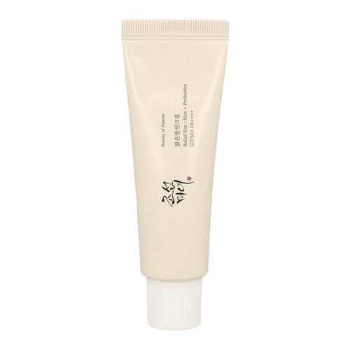 Beauty of Joseon Relief Sun Rice + Probiotics SPF50+ PA+++ sun protection cream in a jar with a white and pink design
