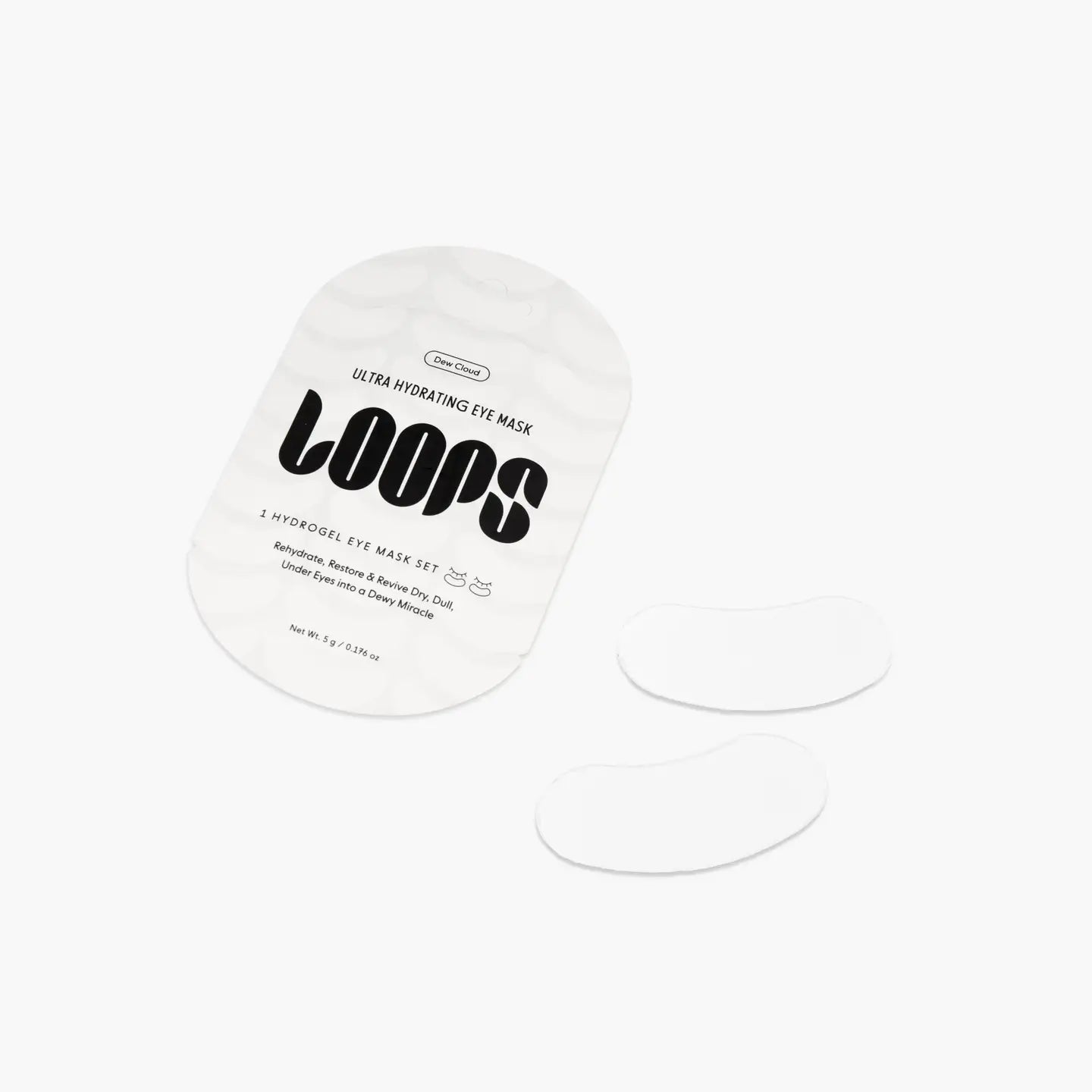 LOOPS Dew Cloud Ultra Hydrating Hydrogel Eye Mask applied under eyes, soothing and moisturizing skin around the eyes.