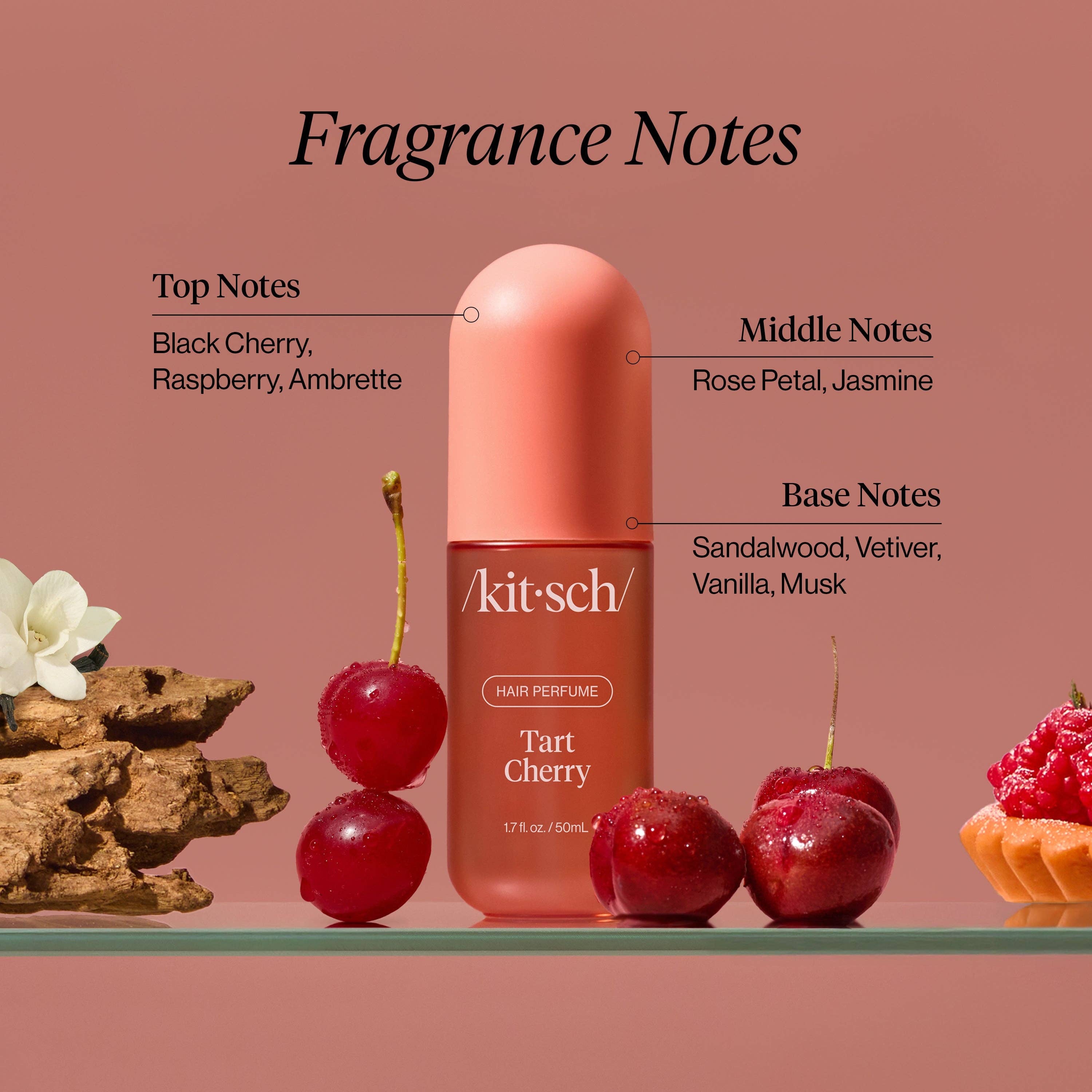 KITSCH Tart Cherry Hair Perfume bottle with cherry blossom design, showcasing the product's packaging and elegant branding.