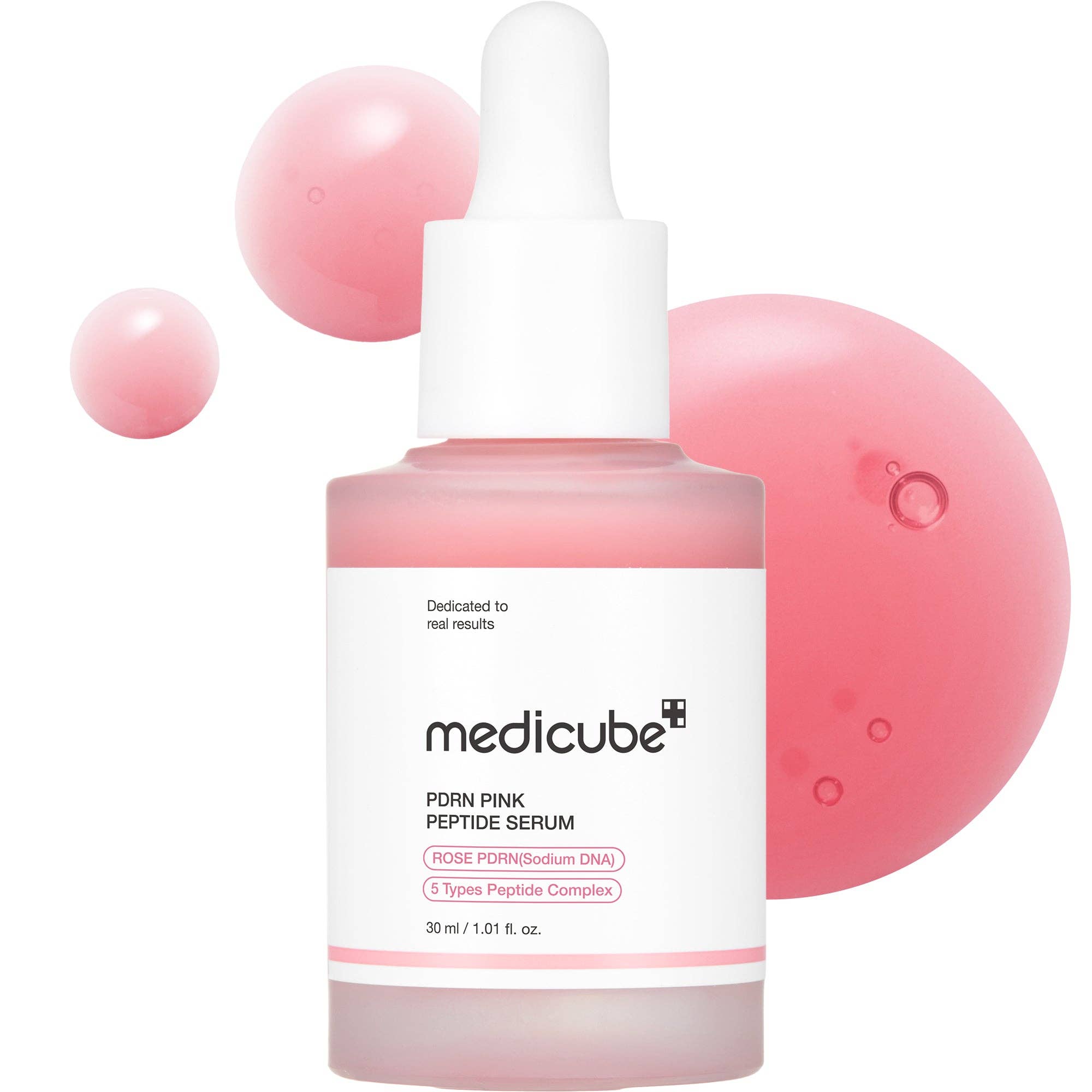 Medicube PDRN Pink Peptide Serum 30g featuring a sleek pink bottle and dropper applicator for skincare.