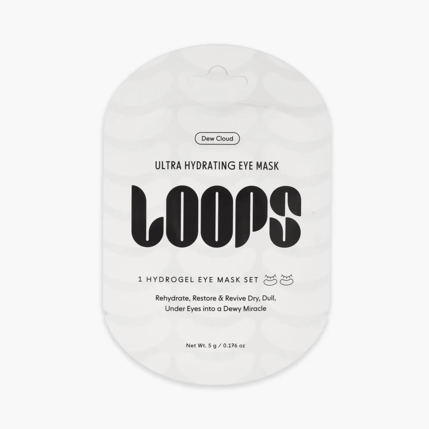 LOOPS Dew Cloud Ultra Hydrating Hydrogel Eye Mask showing soft, moisture-rich eye patches for soothing under-eye care.