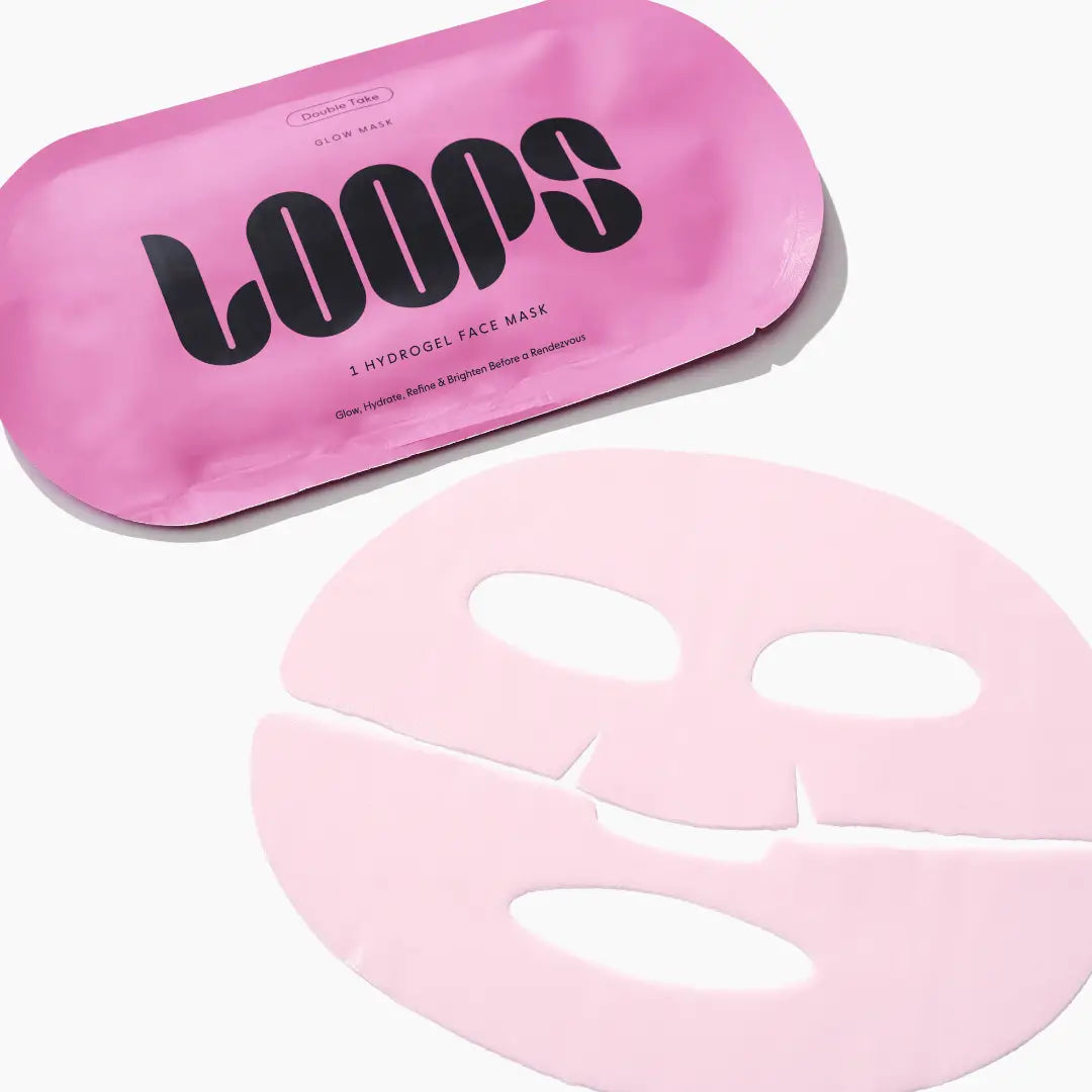 LOOPS Double Take Glow Single Hydrogel Sheet Mask laid out flat, showcasing its translucent, hydrating hydrogel material.