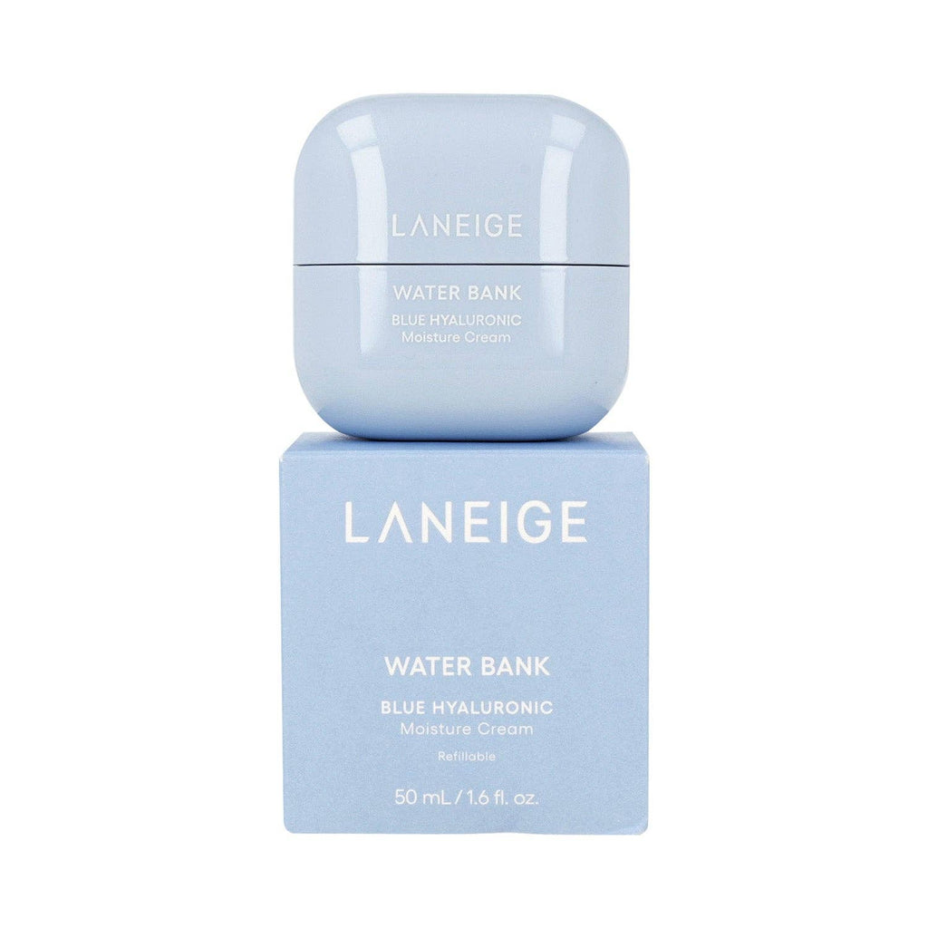 Laneige Water Bank Blue Hyaluronic Moisture Cream 50ml jar with blue and white packaging, showing the cream inside
