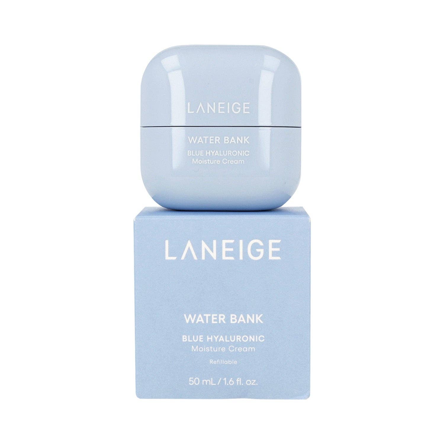 Laneige Water Bank Blue Hyaluronic Moisture Cream 50ml jar with blue and white packaging, showing the cream inside