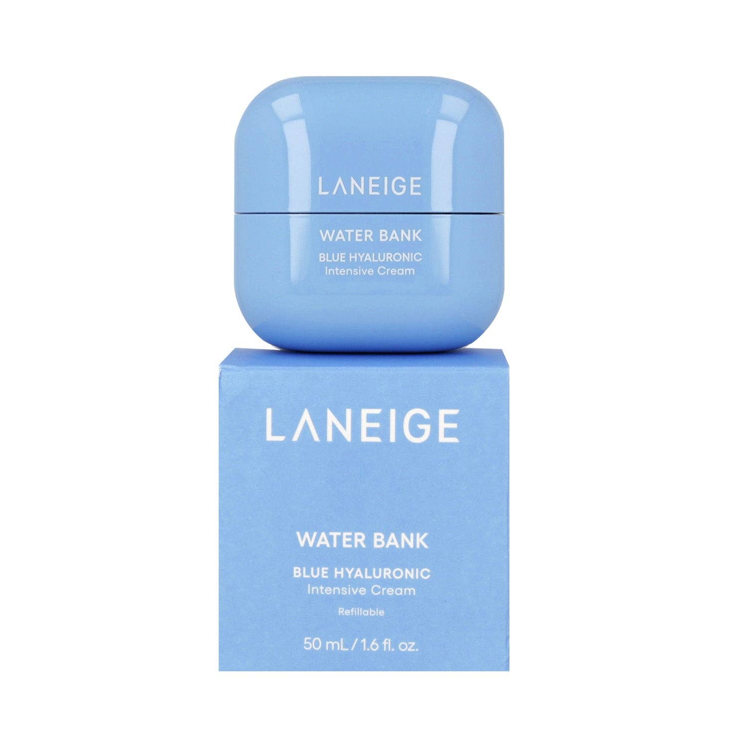Laneige Water Bank Blue Hyaluronic Intensive Cream jar showing the blue and white packaging with product name on the label
