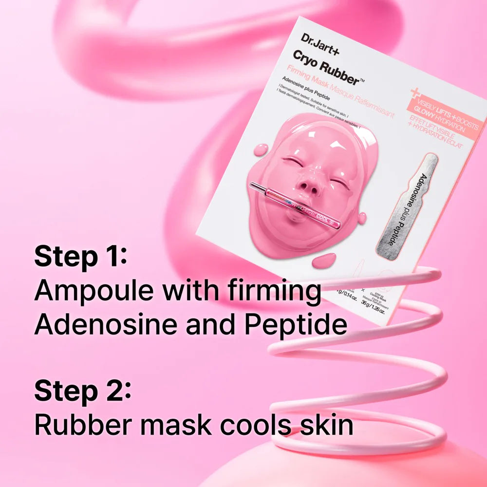DR.JART+ Cryo Rubber Mask with firming collagen applied on face, showcasing the skincare product in a sleek container.