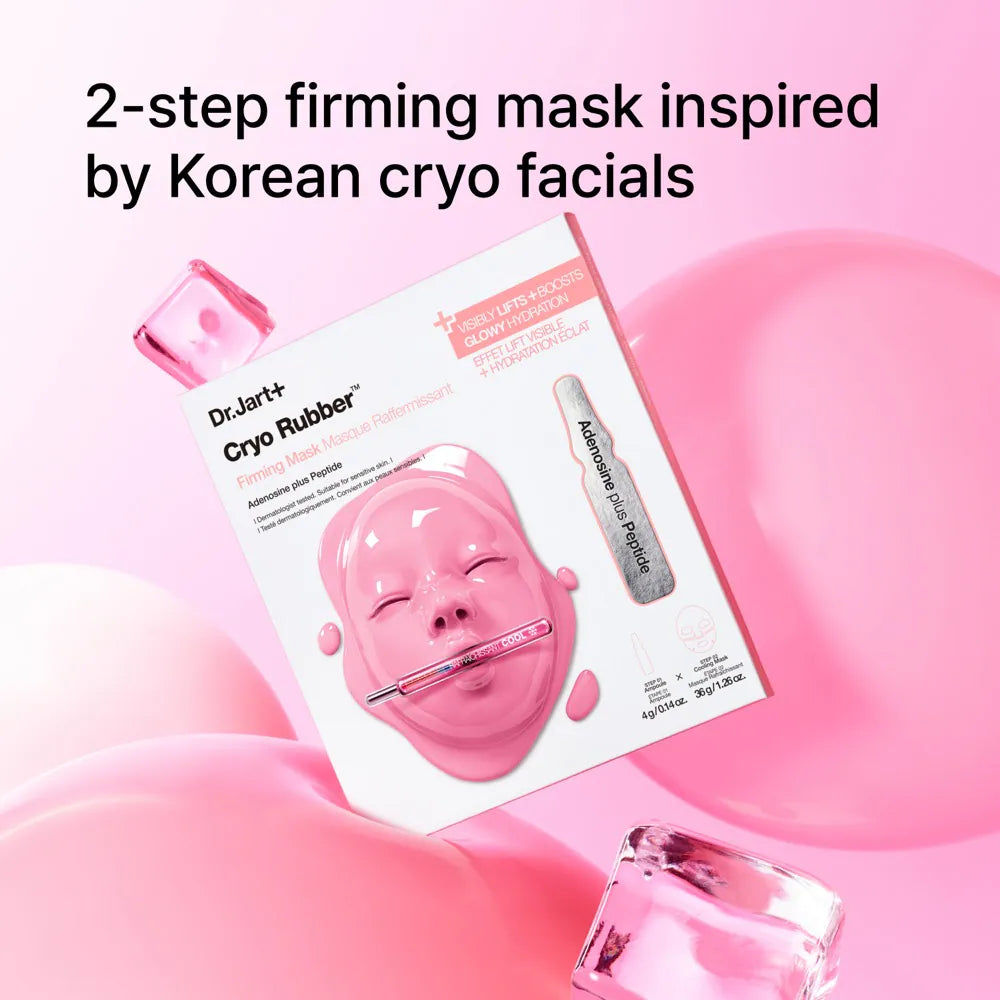 DR.JART+ Cyro Rubber Mask with firming collagen, showing a cooling, soothing gel mask applied to the face for skin tightening.