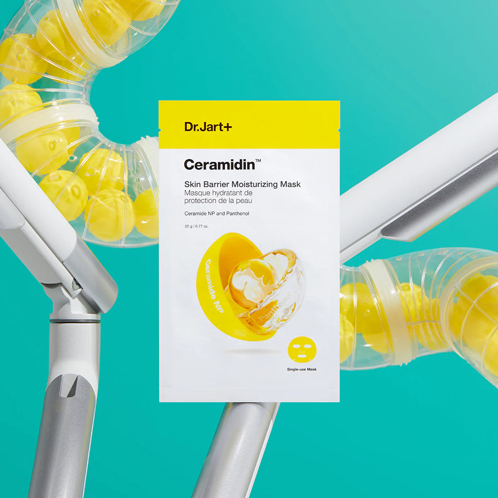 DR.JART+ Ceramidin skin barrier moisturizing face mask shown on a white background, highlighting the mask's packaging and design.