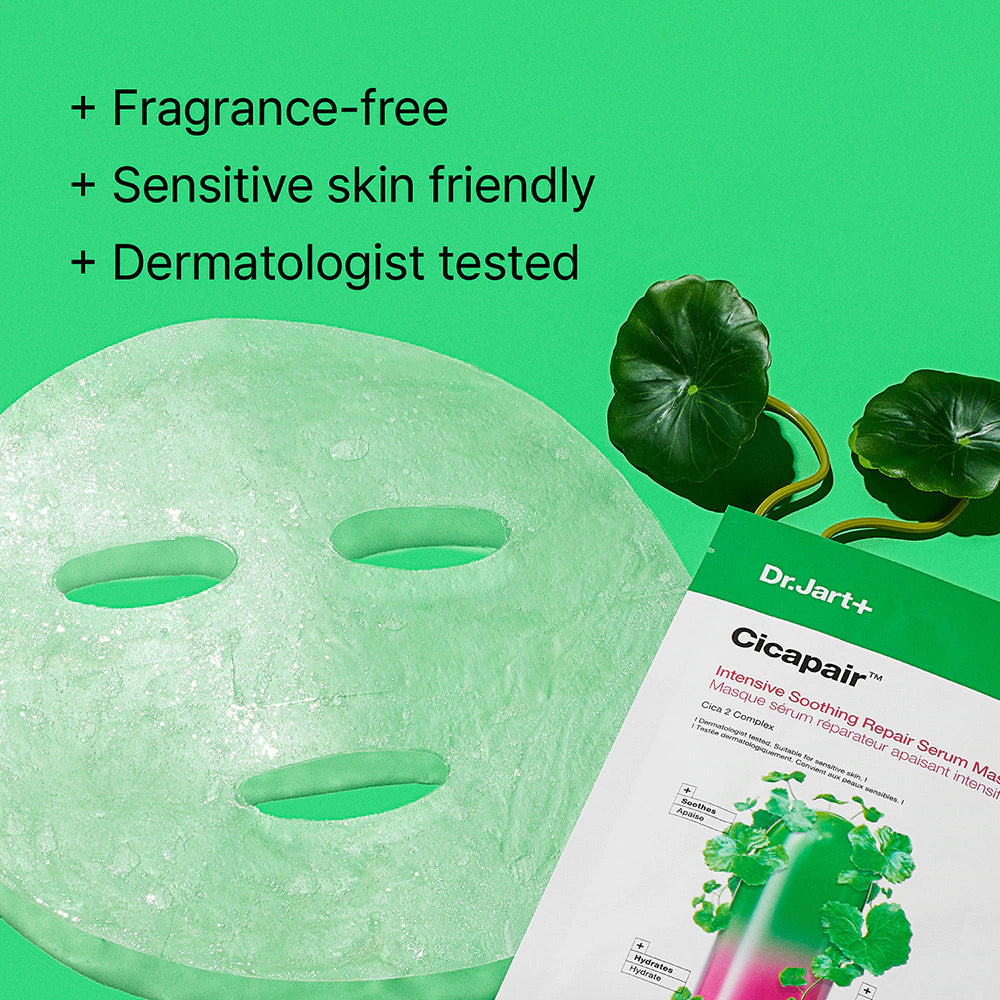 DR.JART+ Cicapair sensitive skin serum face mask shown on a white surface with packaging and product details visible.