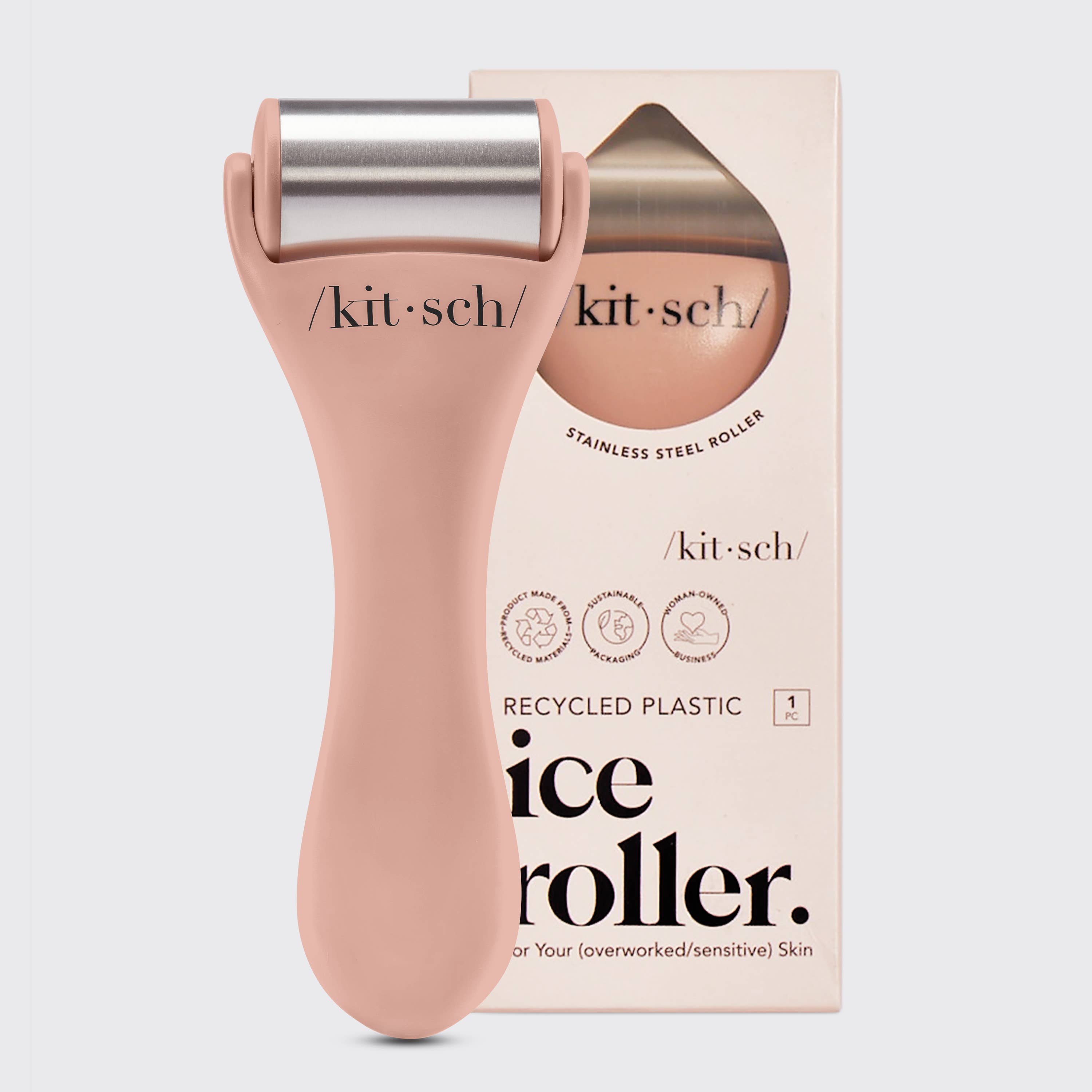 KITSCH Ice Roller in terracotta color, handheld facial roller with a textured surface for cooling skincare benefits.