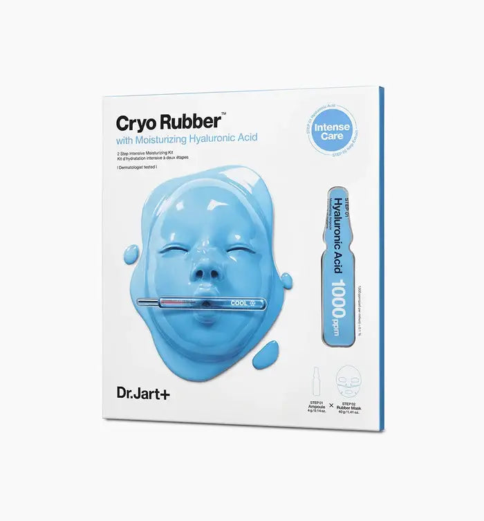 DR.JART+ Cryo Rubber Mask with moisturizing hyaluronic acid applied to face, showing a soothing skincare treatment.