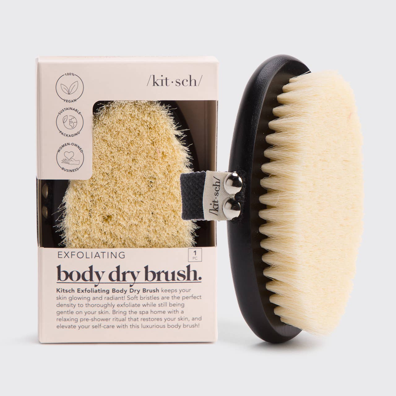 KITSCH exfoliating body dry brush with wooden handle and natural bristles for skin exfoliation and invigorating massage