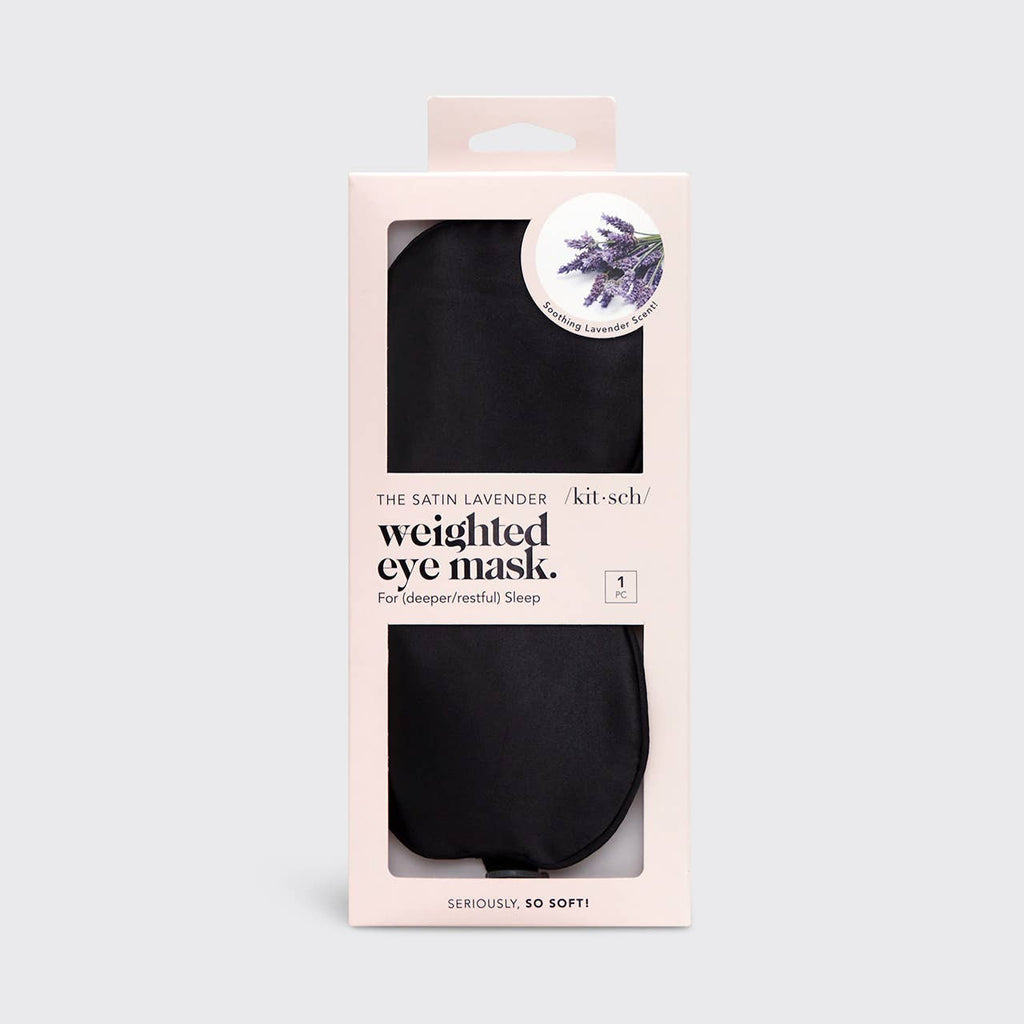 KITSCH Lavender Weighted Satin Eye Mask with soft fabric and adjustable strap for relaxation and sleep.