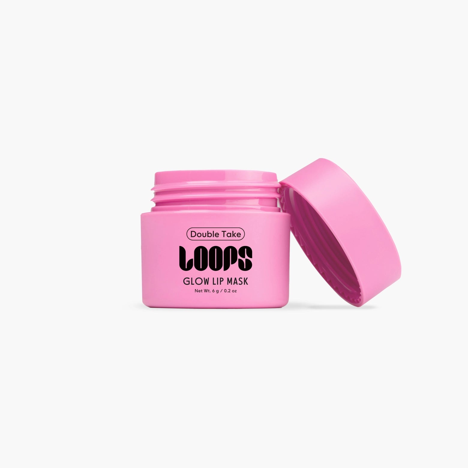 LOOPS Double Take Mini Lip Mask in a small jar with a pink lid, showing the creamy lip treatment inside.