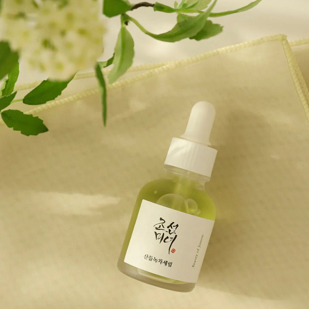 Beauty of Joseon Calming Serum with green tea and panthenol in a 30ml bottle, featuring a dropper applicator and soothing green packaging.