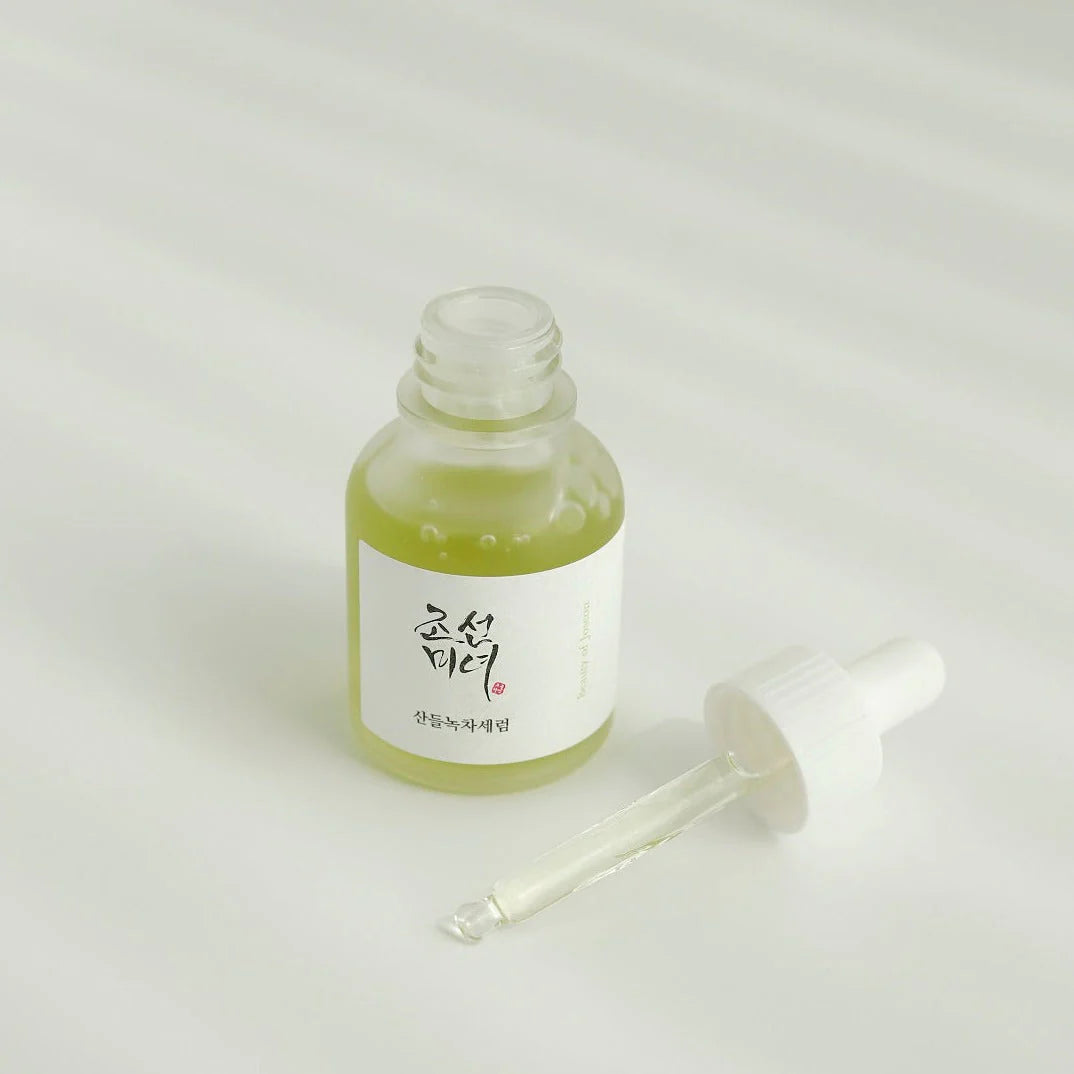 Beauty of Joseon Calming Serum with green tea and panthenol, 30ml, in a clear glass bottle with dropper for soothing skincare.