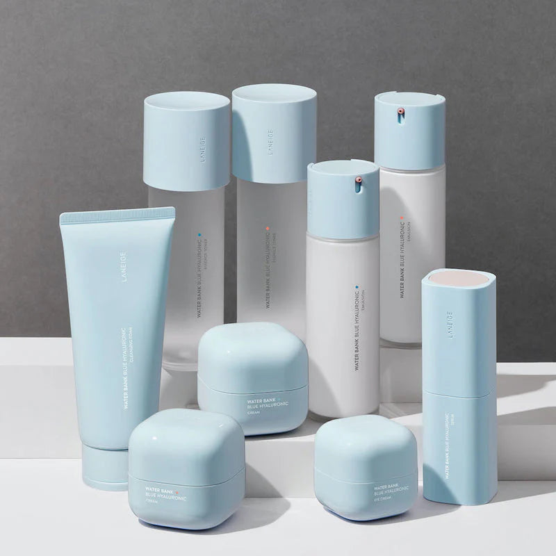 Laneige Water Bank Blue Hyaluronic Emulsion bottle, 120ml, with blue and white packaging, showcasing the skincare product on a white background.