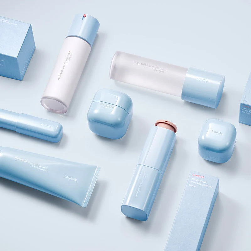 Laneige Water Bank Blue Hyaluronic Emulsion bottle with blue and white labeling, placed on a neutral background.